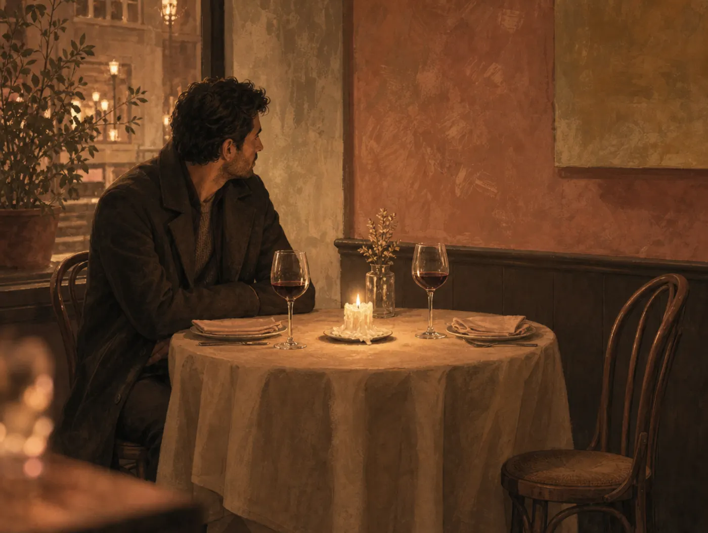 Why Am I Single? Quiz: an adult alone at a candlelit table set for two, the opposite chair empty
