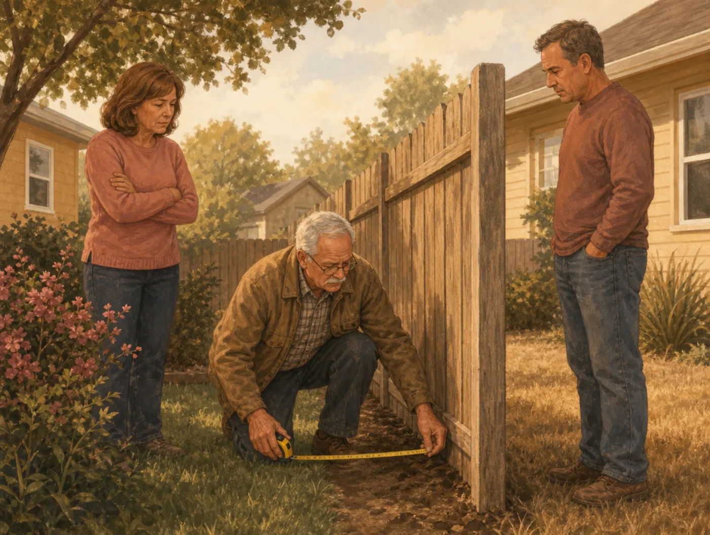 Wisdom Test: a neighbor mediating a fence dispute, measuring the property line from both sides