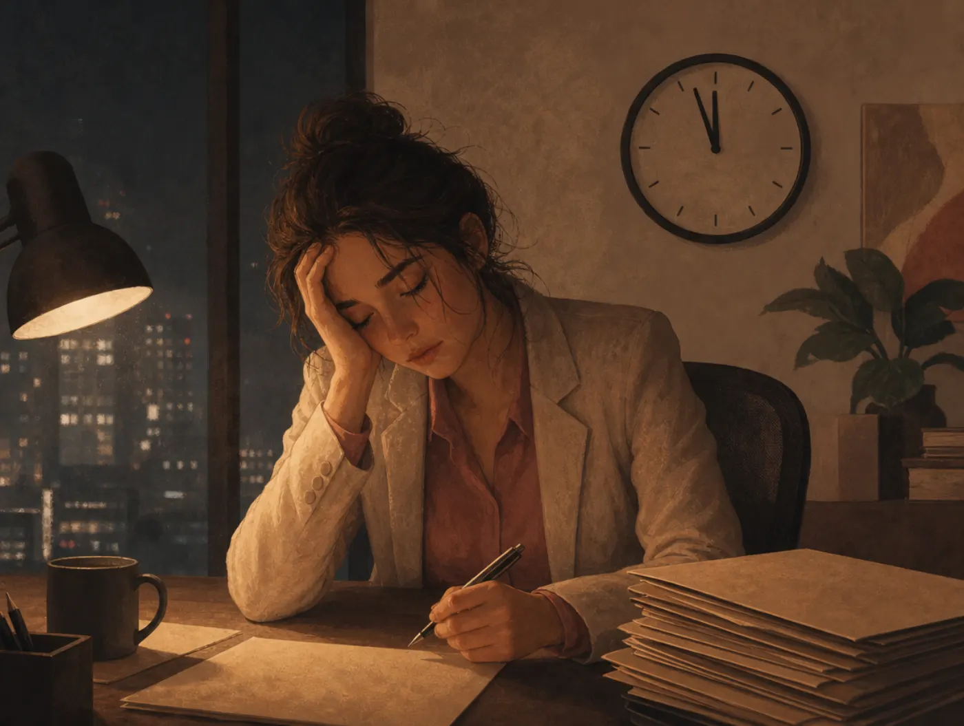 Workaholic Test: a tired professional still working at a dim office desk at night, wall clock near midnight