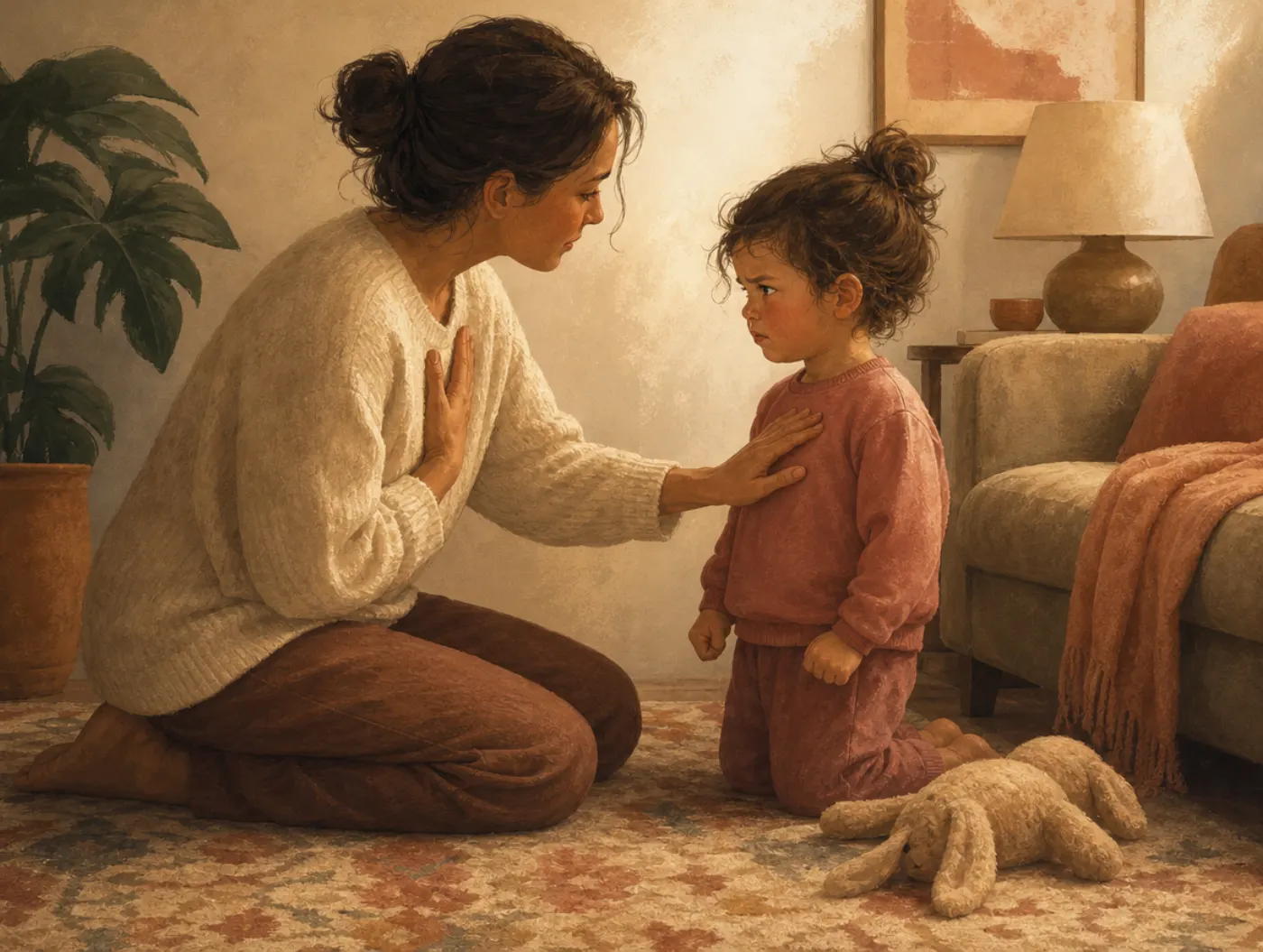 Anger Management for Kids: parent kneeling with a frustrated child, guiding a slow calming breath in the living room