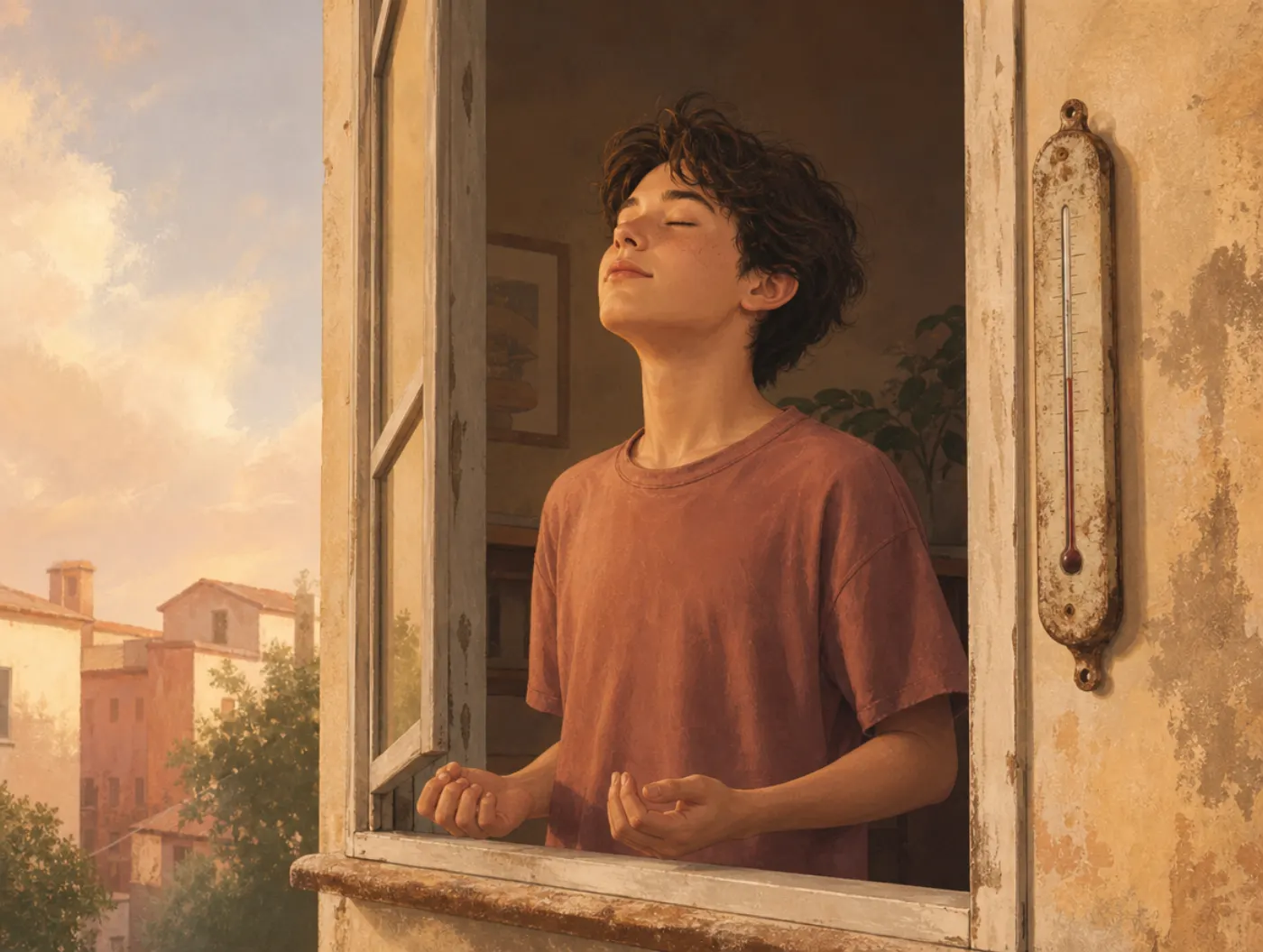 Anger Thermometer: teen at open window unclenching fists and exhaling beside an outdoor thermometer