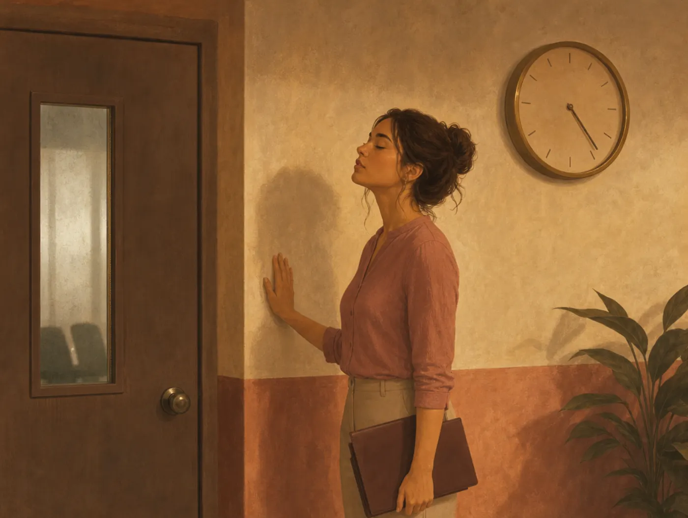 Anxiety Coping Skills: woman pausing outside an interview room, hand on wall, exhaling slowly by a clock