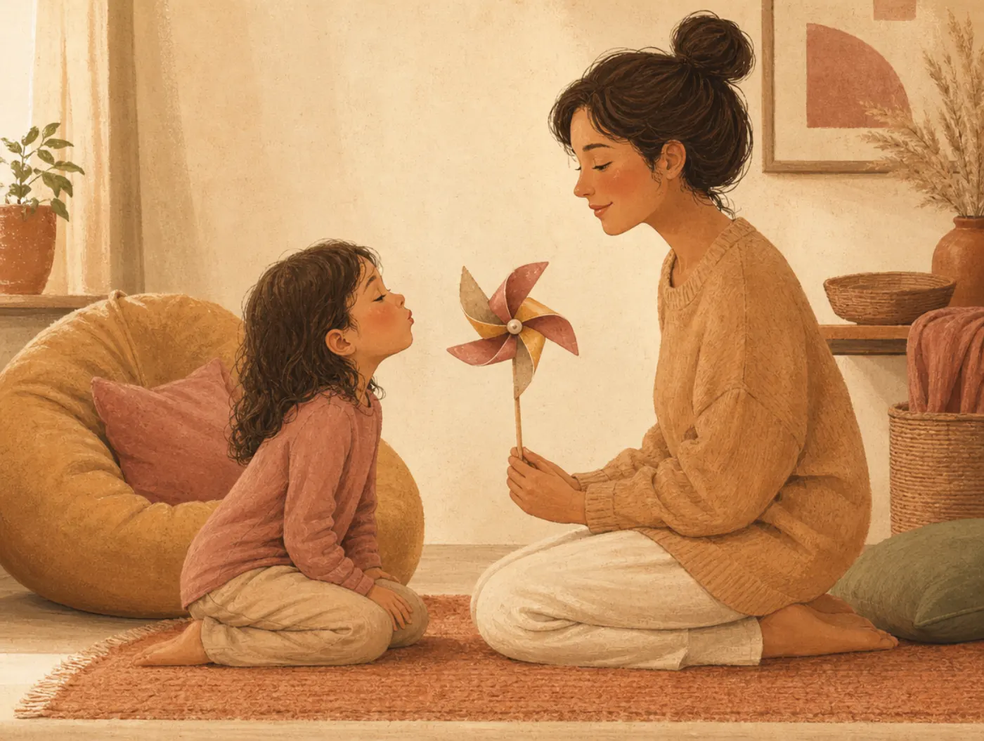 Calm Down Strategies for Kids: parent and child slow-breathing together by blowing on a pinwheel in a cozy corner