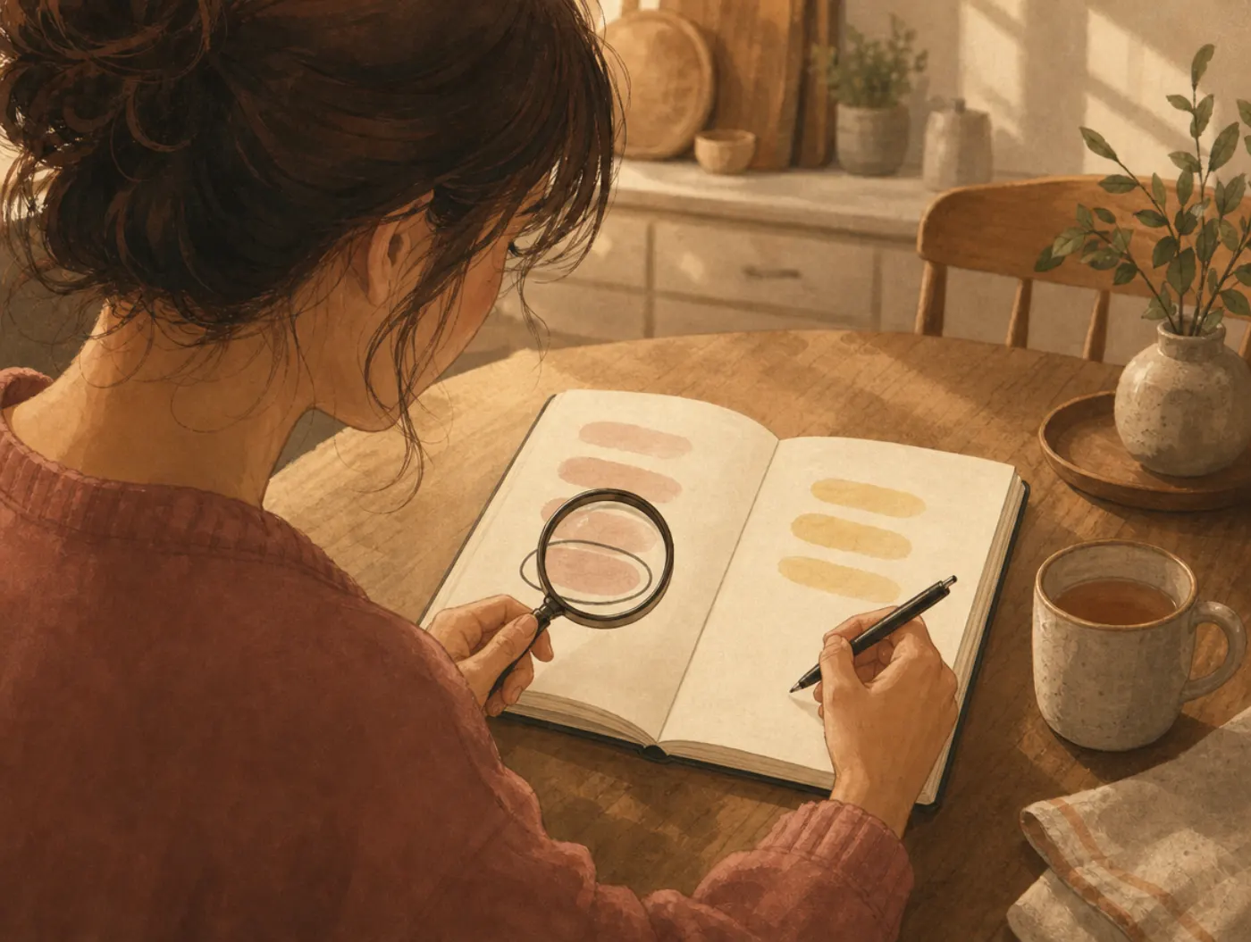 Unhelpful Thinking Styles: magnifying glass over a circled line in a two-column thought journal, pen rewriting it calmer