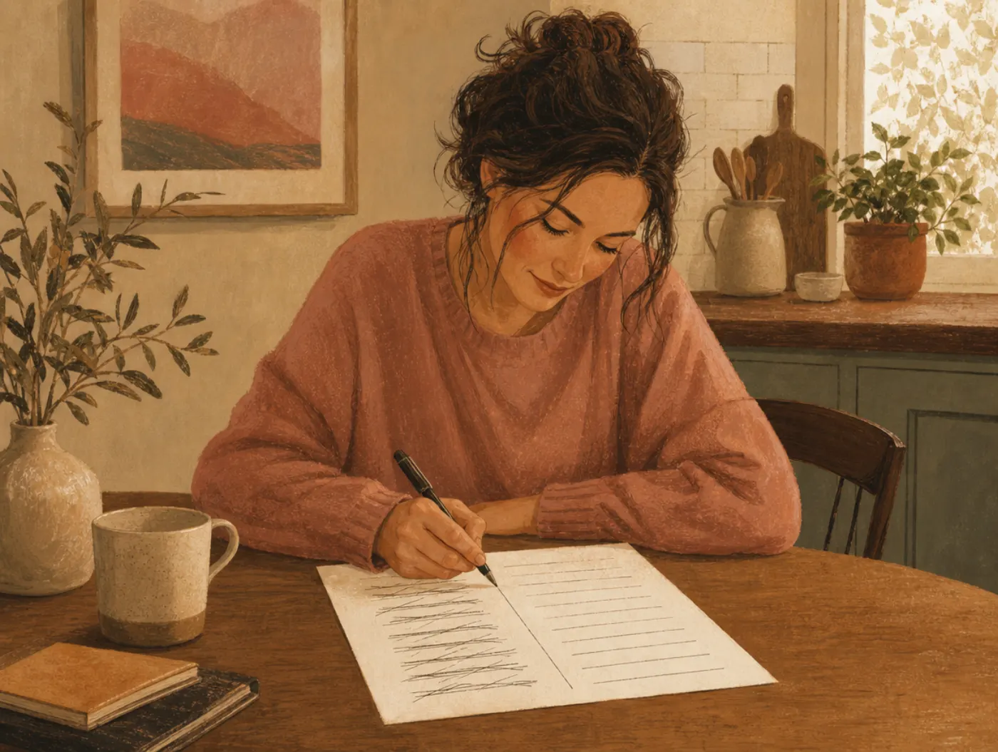 Cognitive Restructuring Worksheet: person filling in a column-ruled worksheet, crossing out one line and writing a rewri