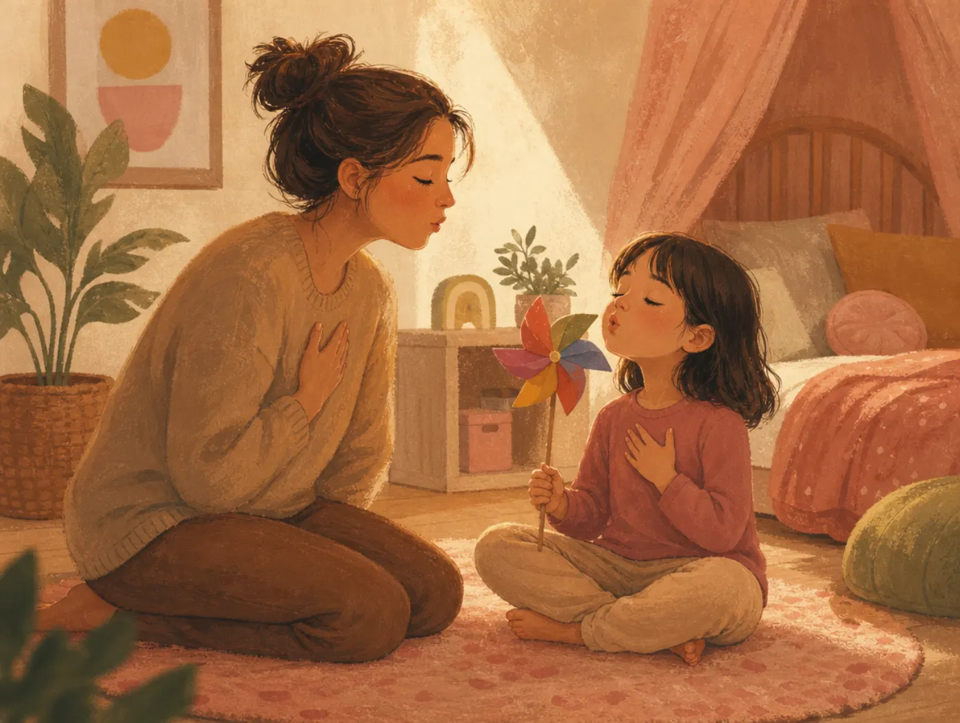 Coping Skills for Kids: parent and child breathing together, child blowing a colorful pinwheel on a bedroom rug