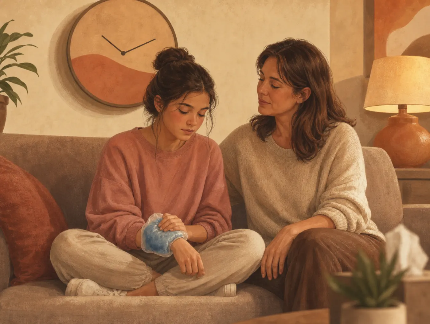 DBT for Teens: teen and parent sit together as she presses an ice pack to her wrist to calm down