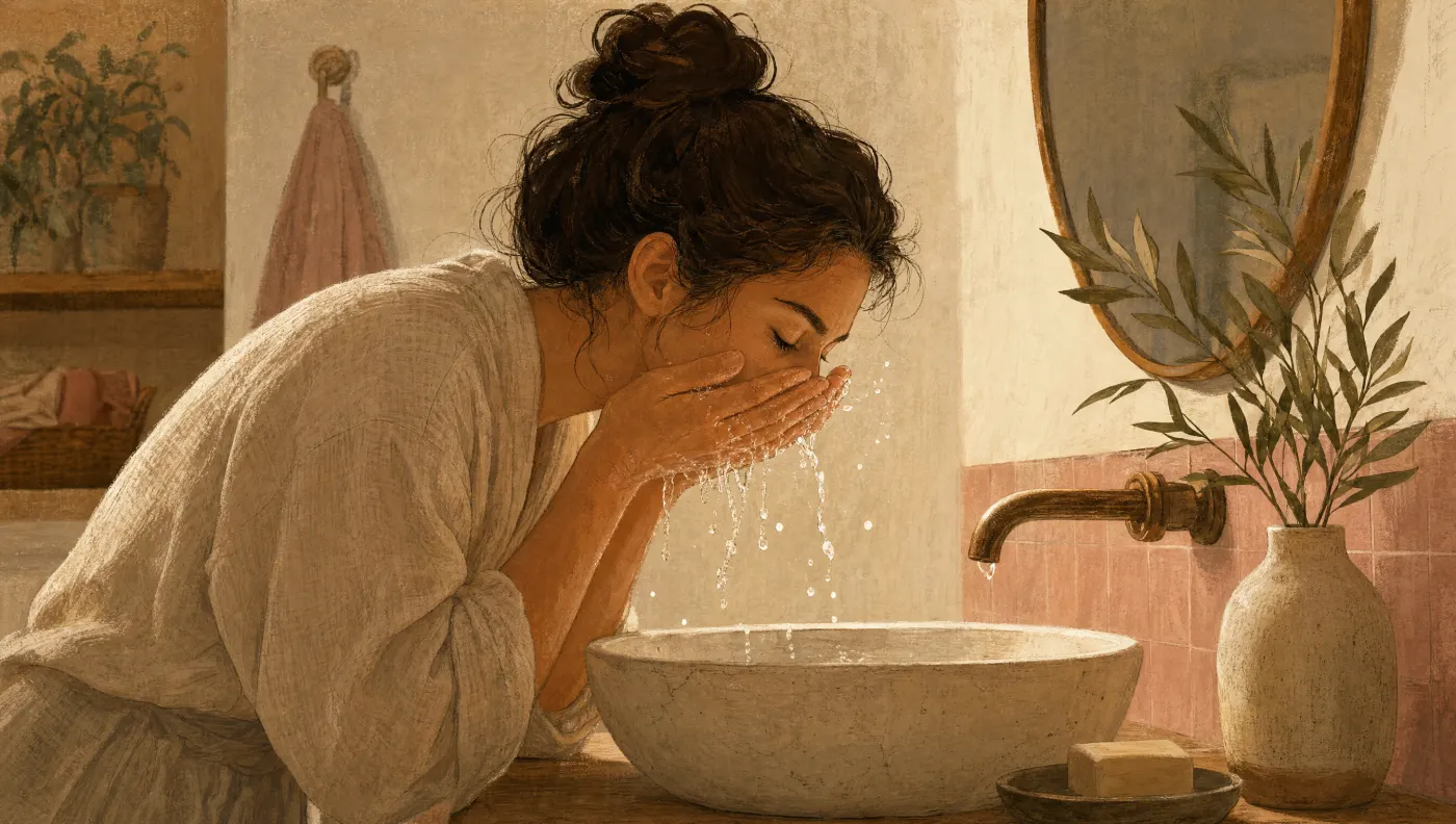 DBT Distress Tolerance: Person splashing cold water on face at bathroom sink, looking calm and focused