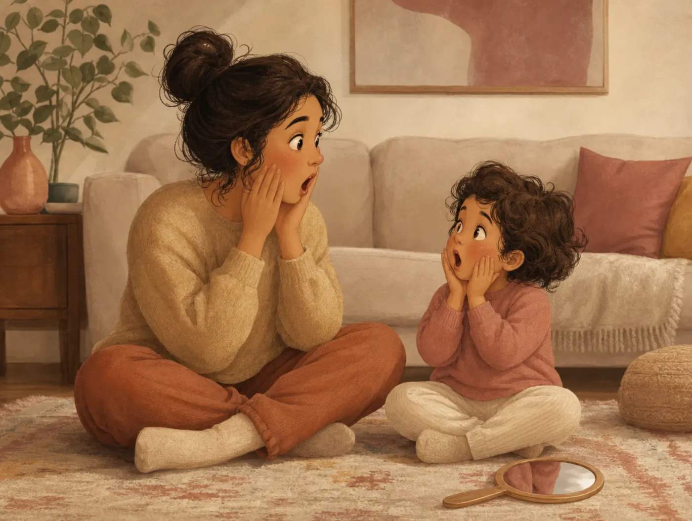 Emotion Faces for Kids: parent and child mirror a surprised expression on a living room rug