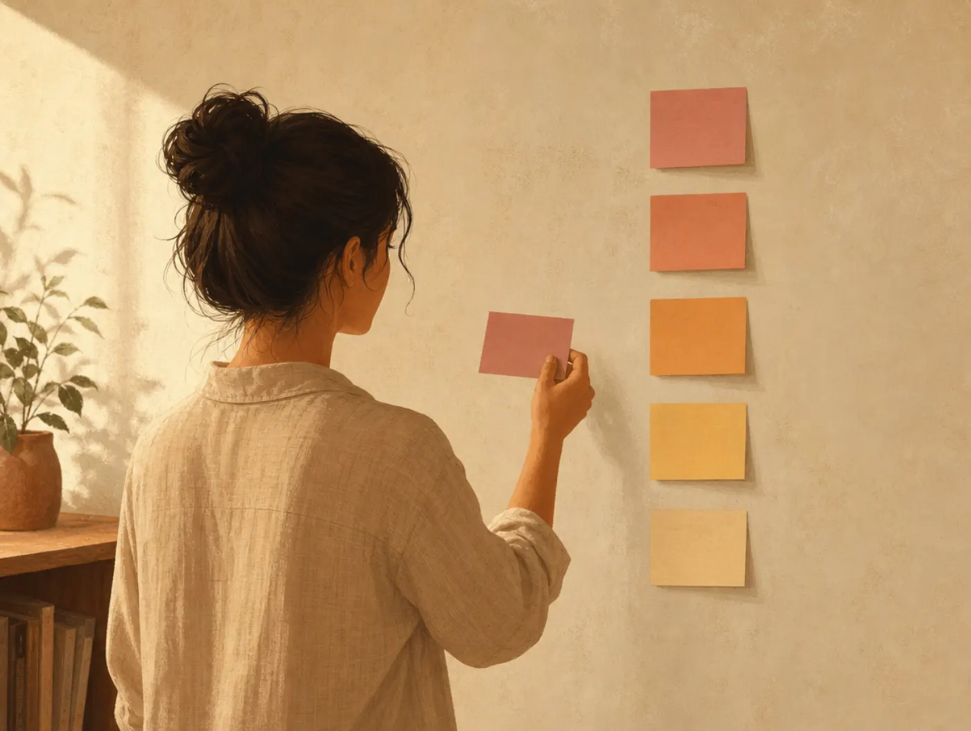 Fear Ladder: person arranging sticky notes in a rising column on a wall, ordering feared situations from easiest to hard