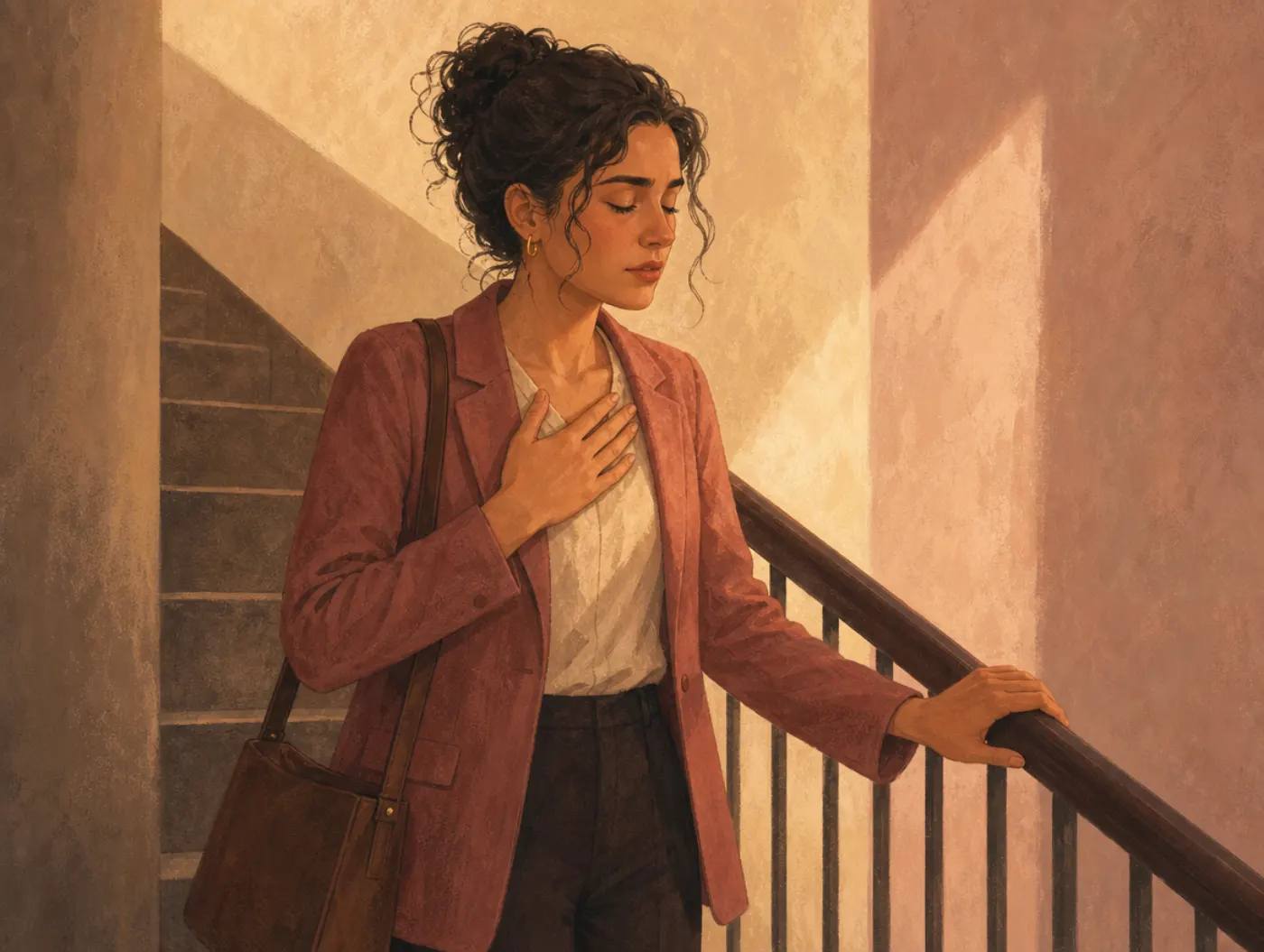 Fight or Flight Response: person on a stairwell before an interview, hand on chest feeling their racing heart, breathing