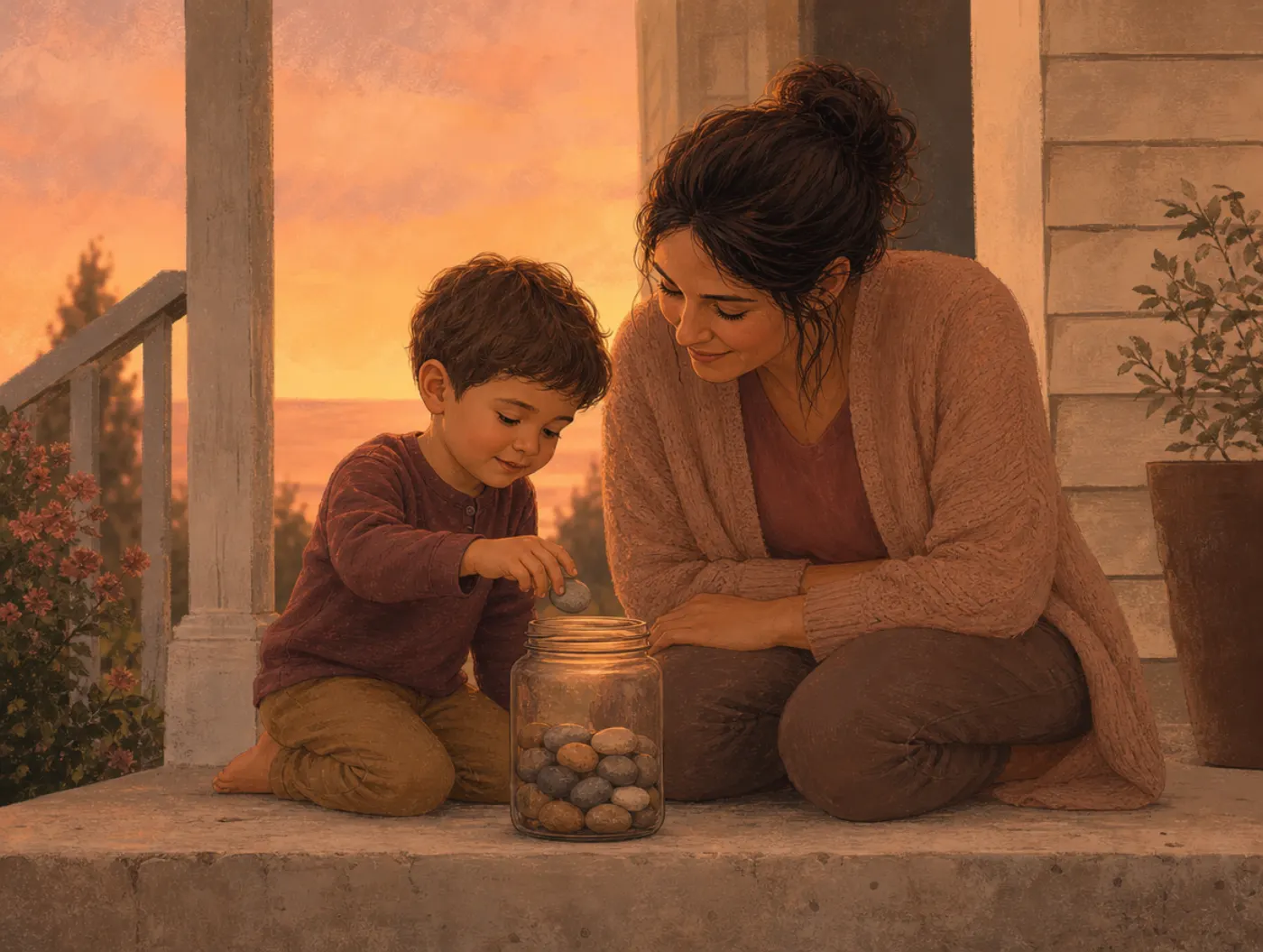 Gratitude Activities for Kids: parent and child dropping pebbles into a jar together at dusk