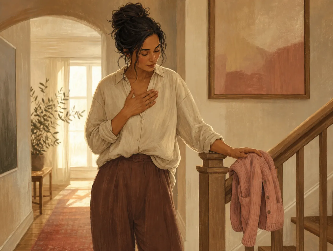Inner Child Work: adult pausing on stairs, hand on chest, a small child's cardigan draped over the banister