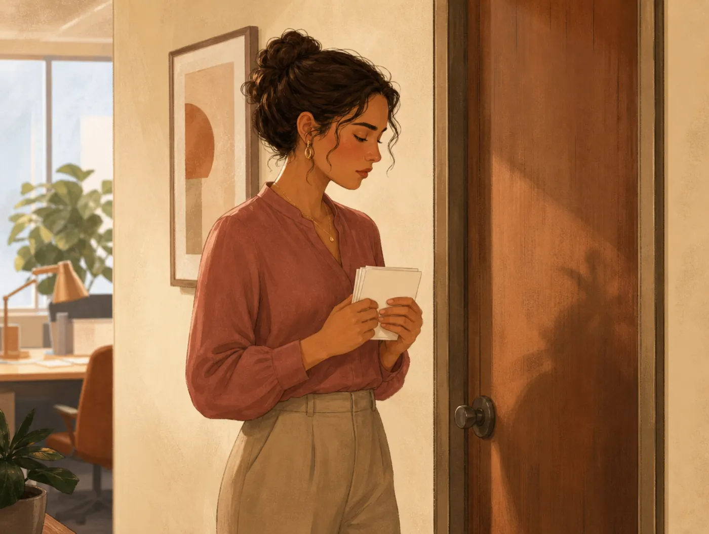 Interpersonal Effectiveness: employee outside a closed office door holding blank index cards, rehearsing before a hard c