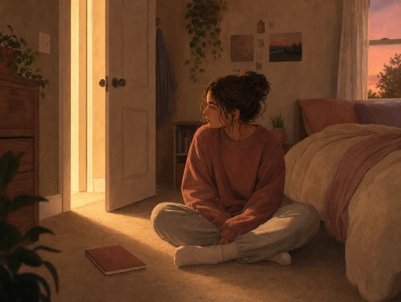 Journal Prompts for Teens: teen sitting alone at dusk with a closed notebook, bedroom door left ajar