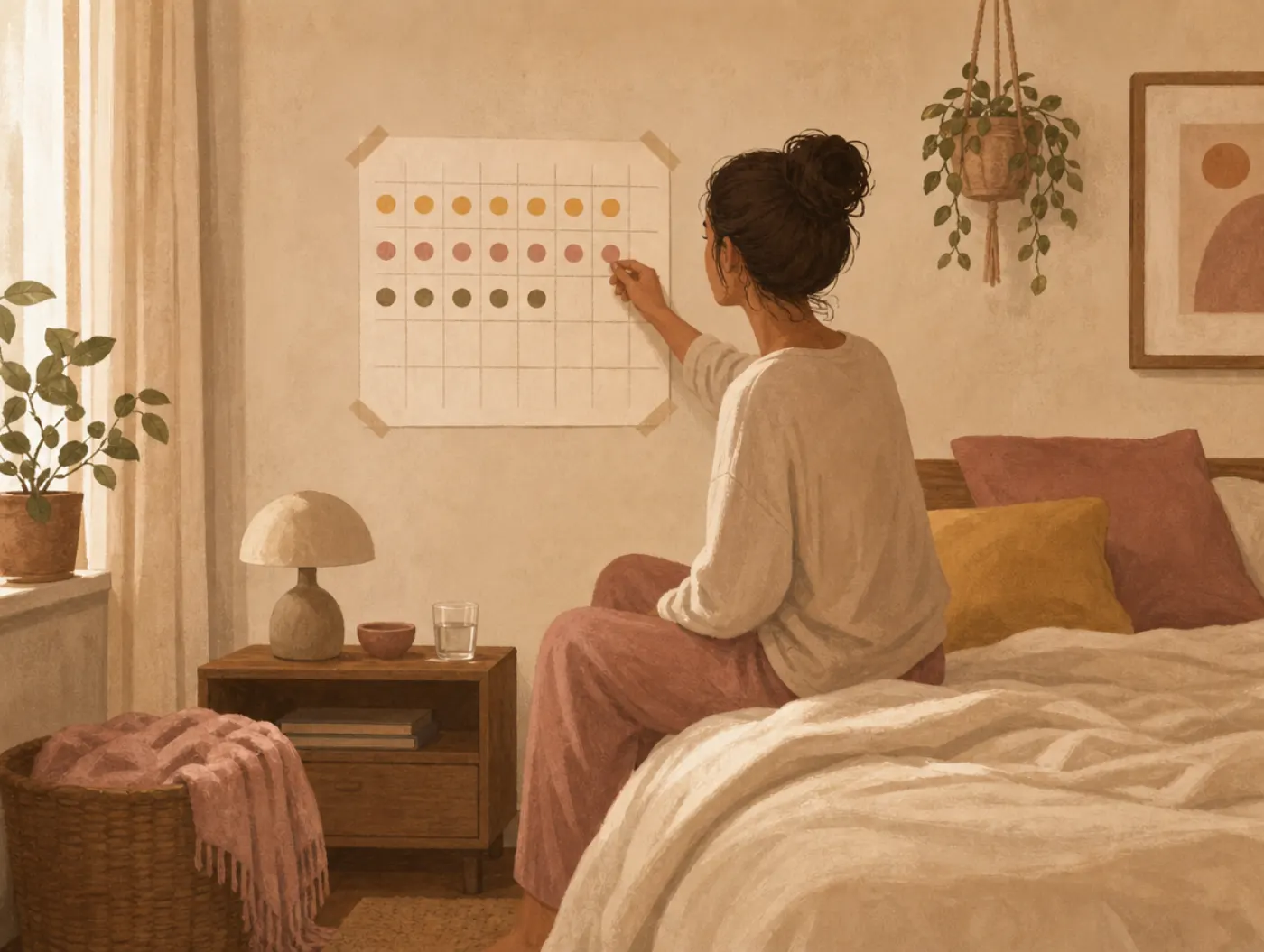 Mood Tracker: a person pressing a colored sticker onto a wall grid to log today's mood, sleep, and energy
