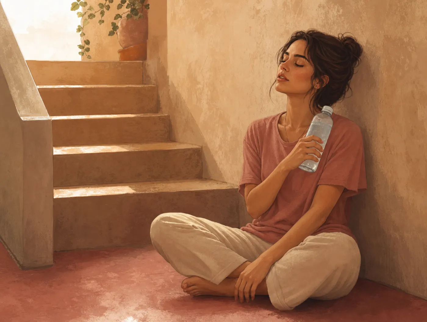 Panic Attack Coping Skills: woman sitting on a stairwell floor holding a cold water bottle, exhaling slowly