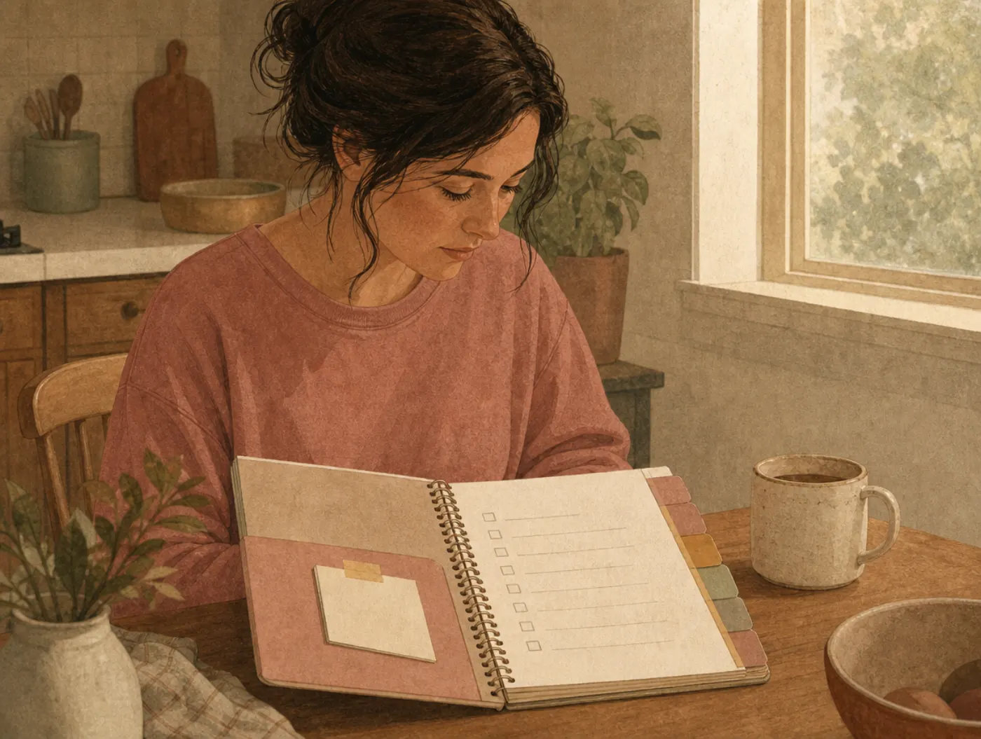 Personal wellness and crisis plan: person filling in a tabbed planning workbook with a checklist at home