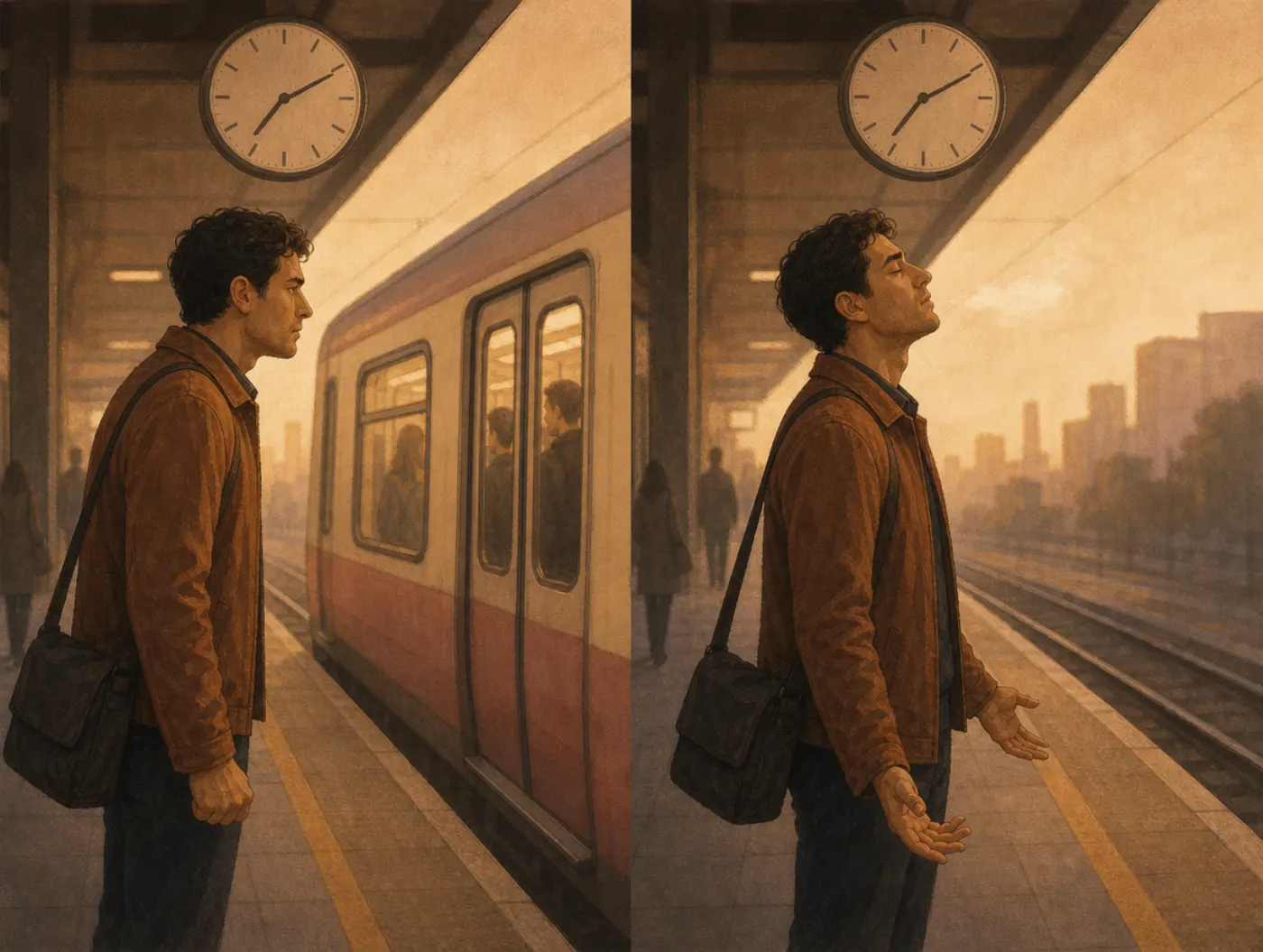 REBT: commuter on a platform unclenching his fists as train doors close, a clock overhead