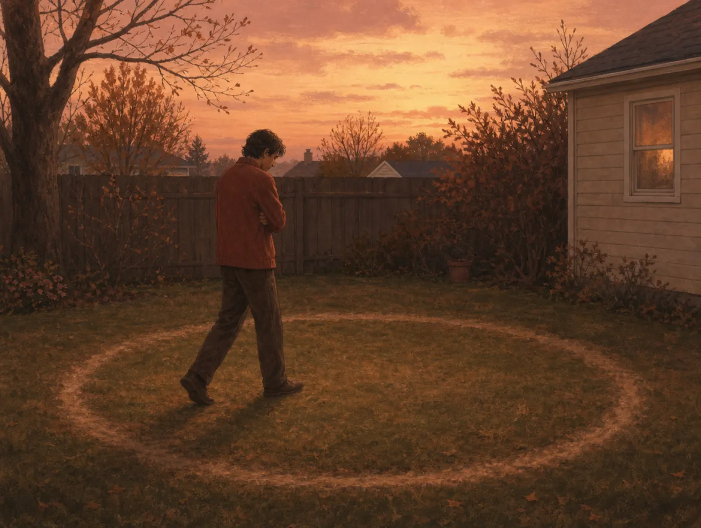 What Is Rumination?: a person pacing a worn circular path into backyard grass at dusk, retracing the same footsteps