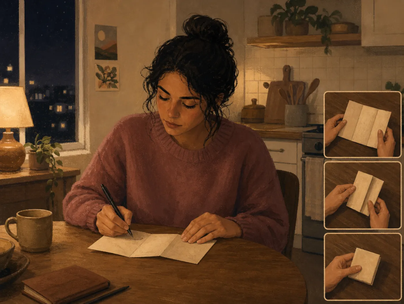 Suicide Safety Plan: a person at a kitchen table folding a trifold safety-plan card to carry in their wallet