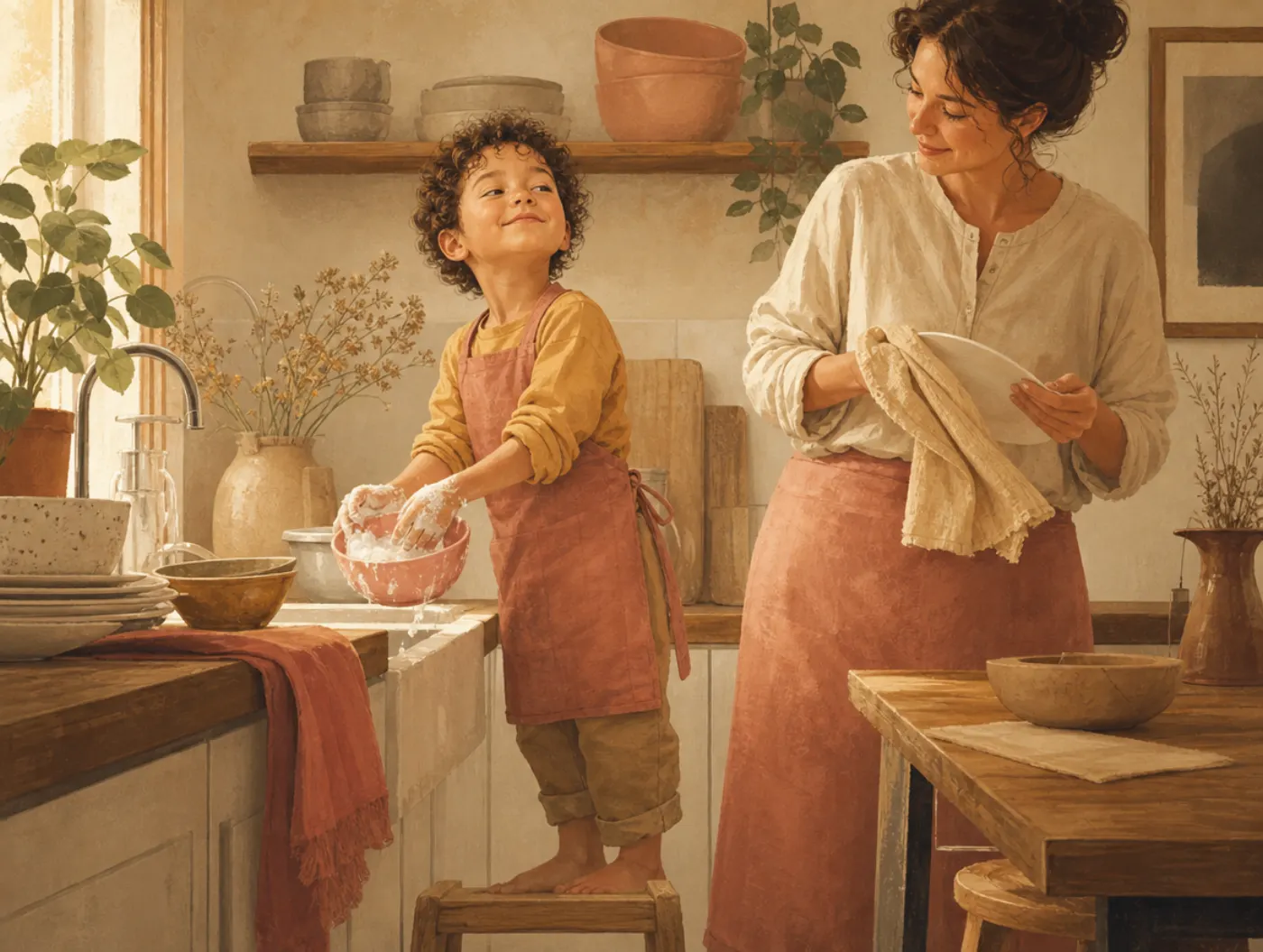 Self-Esteem Activities for Kids: child on a step stool washing dishes beside a caregiver