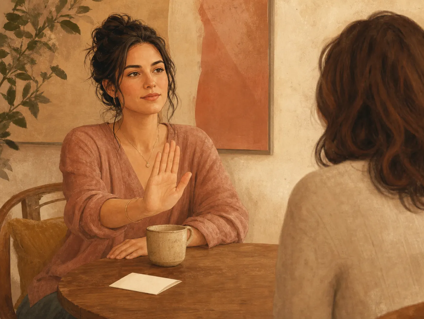 Setting Boundaries Worksheet: a woman raises a calm palm-out hand across a table from a friend, a note card beside her c