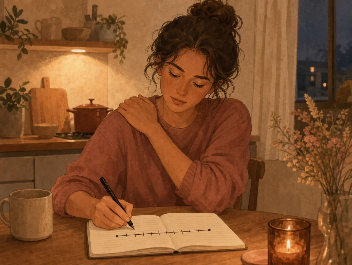 Stress Diary: person writing in a notebook with a 1-to-10 intensity scale, hand rubbing a tense shoulder