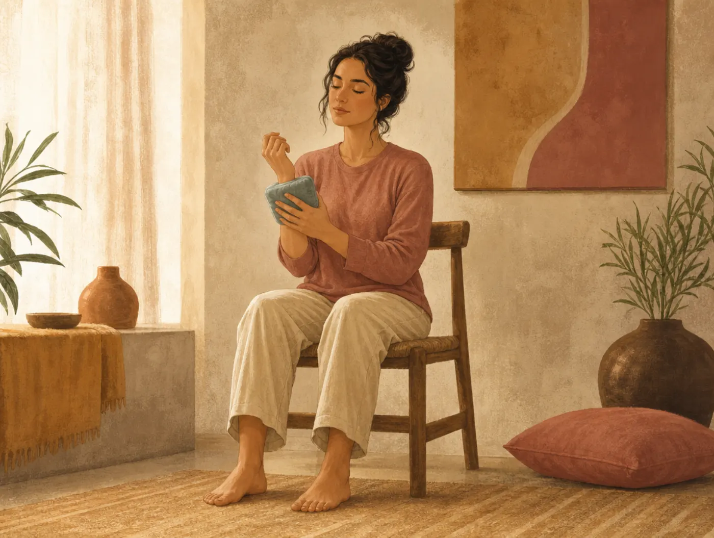 Window of Tolerance: a person grounding themselves with feet flat on the floor and a cold pack pressed to their wrist