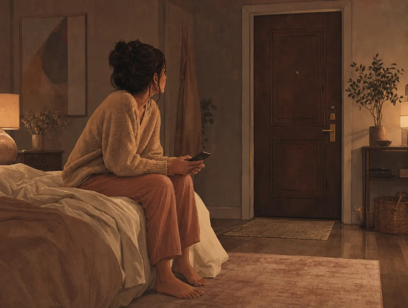 Anxious-Preoccupied Attachment Style: a woman clutches her phone, staring at the door for her partner