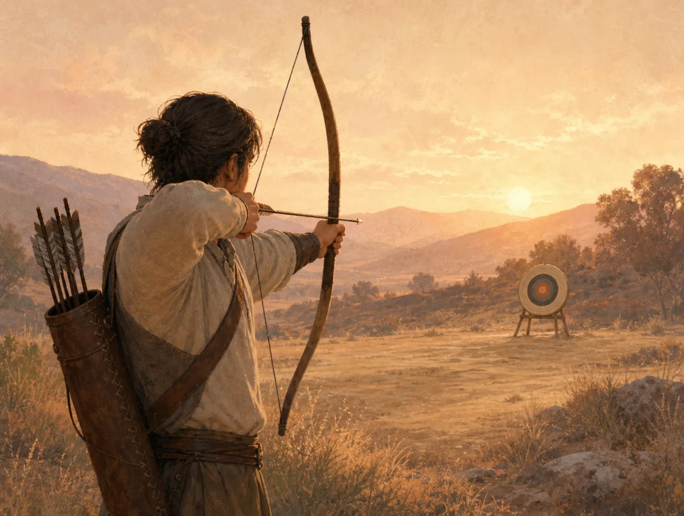 The Artemis Archetype: a lone archer at dawn drawing a bow toward a distant target, quiver on her shoulder, no one else