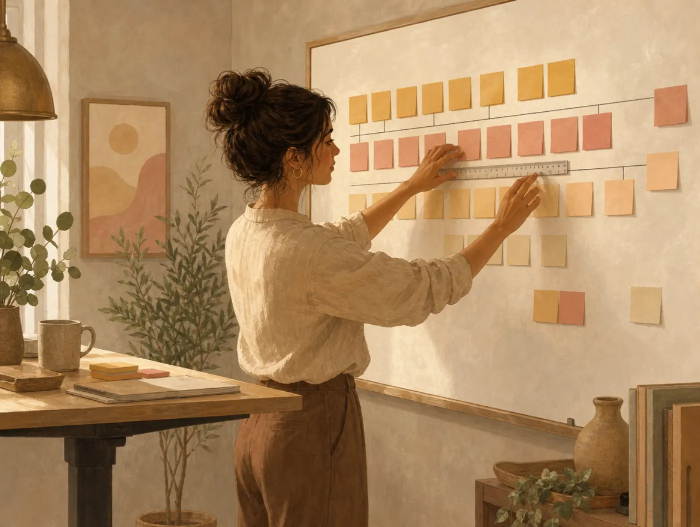 The Athena Archetype: a woman arranging sticky notes into a project timeline on a whiteboard, ruler in hand