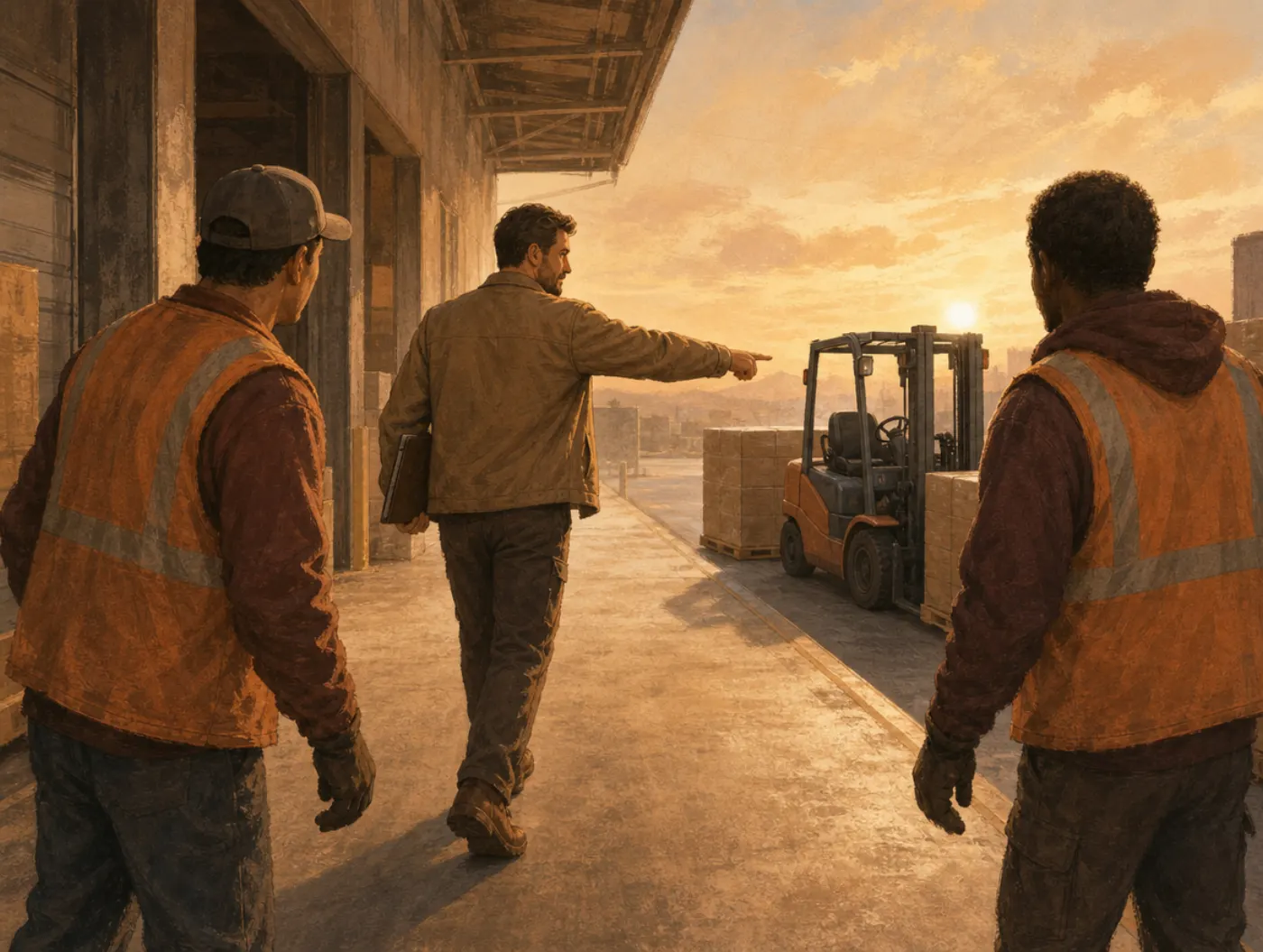 Choleric Temperament: The Driven, Decisive Pattern: a manager strides a loading dock at dawn, pointing workers toward a