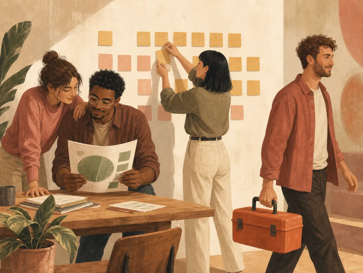 The Four Color Personality Types: Gold, Blue, Green, and Orange: four coworkers, each a different color trait