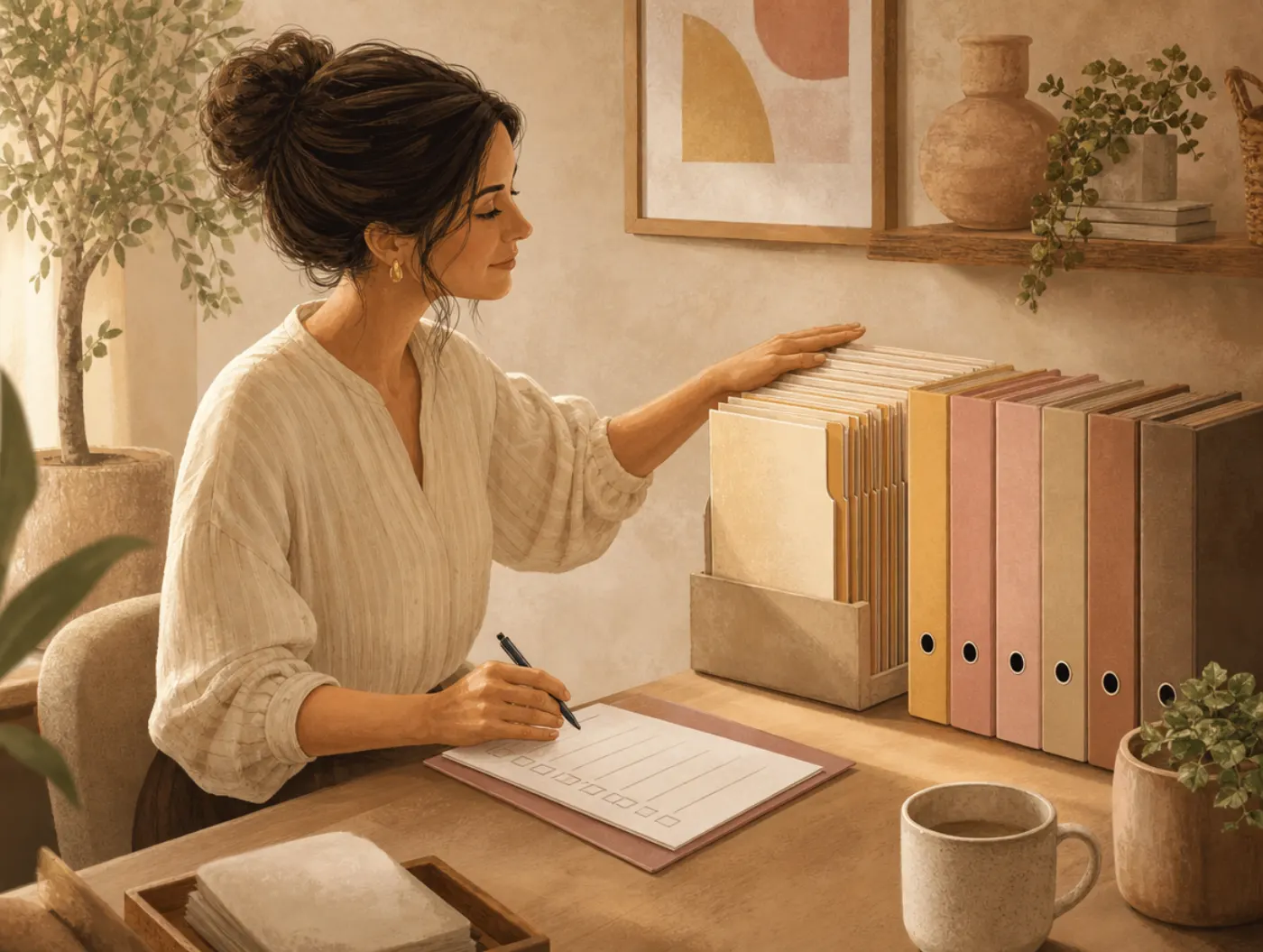Conventional Holland Code: The Organizer: woman at a desk aligning labeled file folders and binders into a neat row