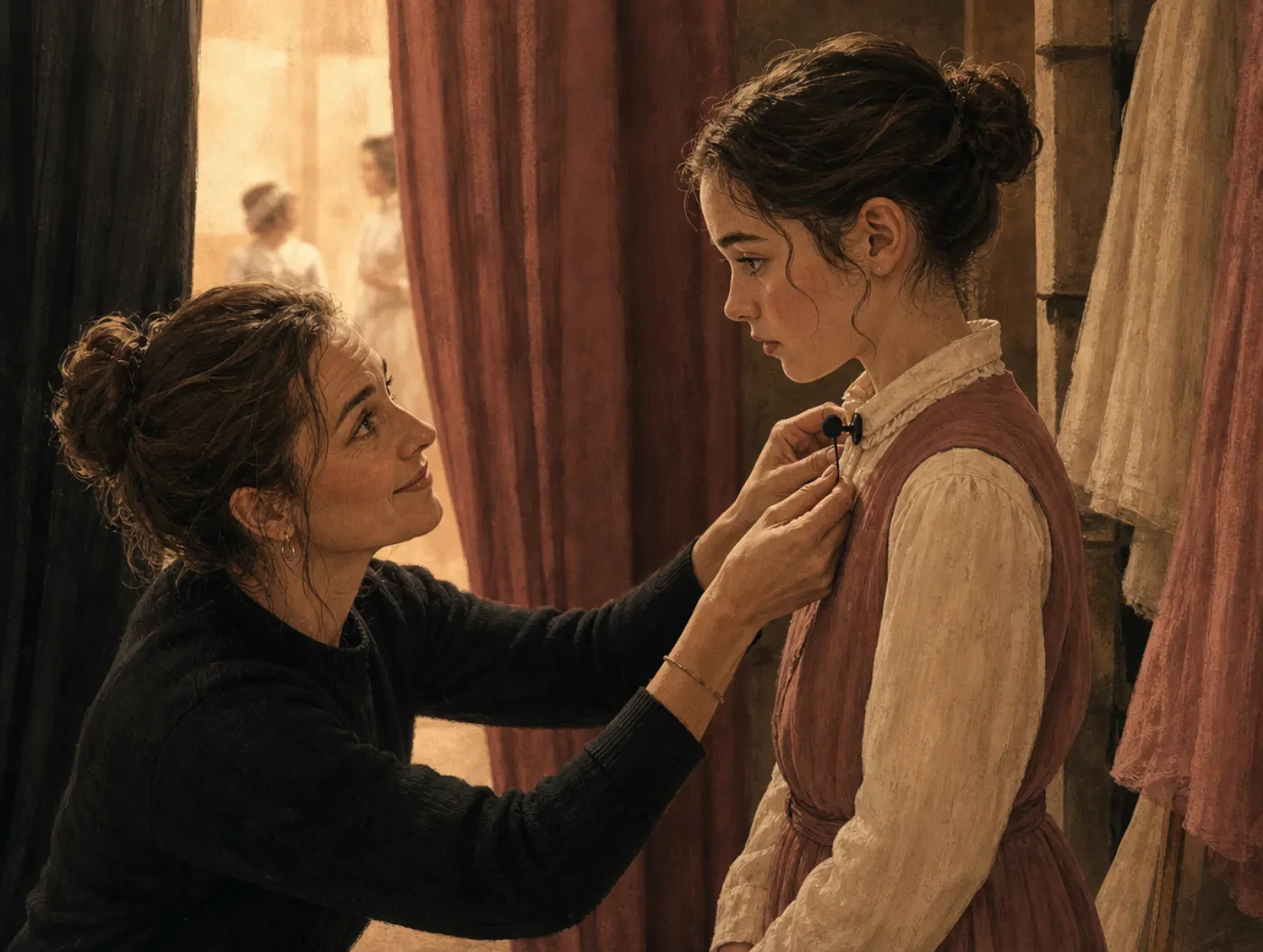 ENFJ Personality Type: The Protagonist: a teacher clips a mic on a nervous student backstage before curtain