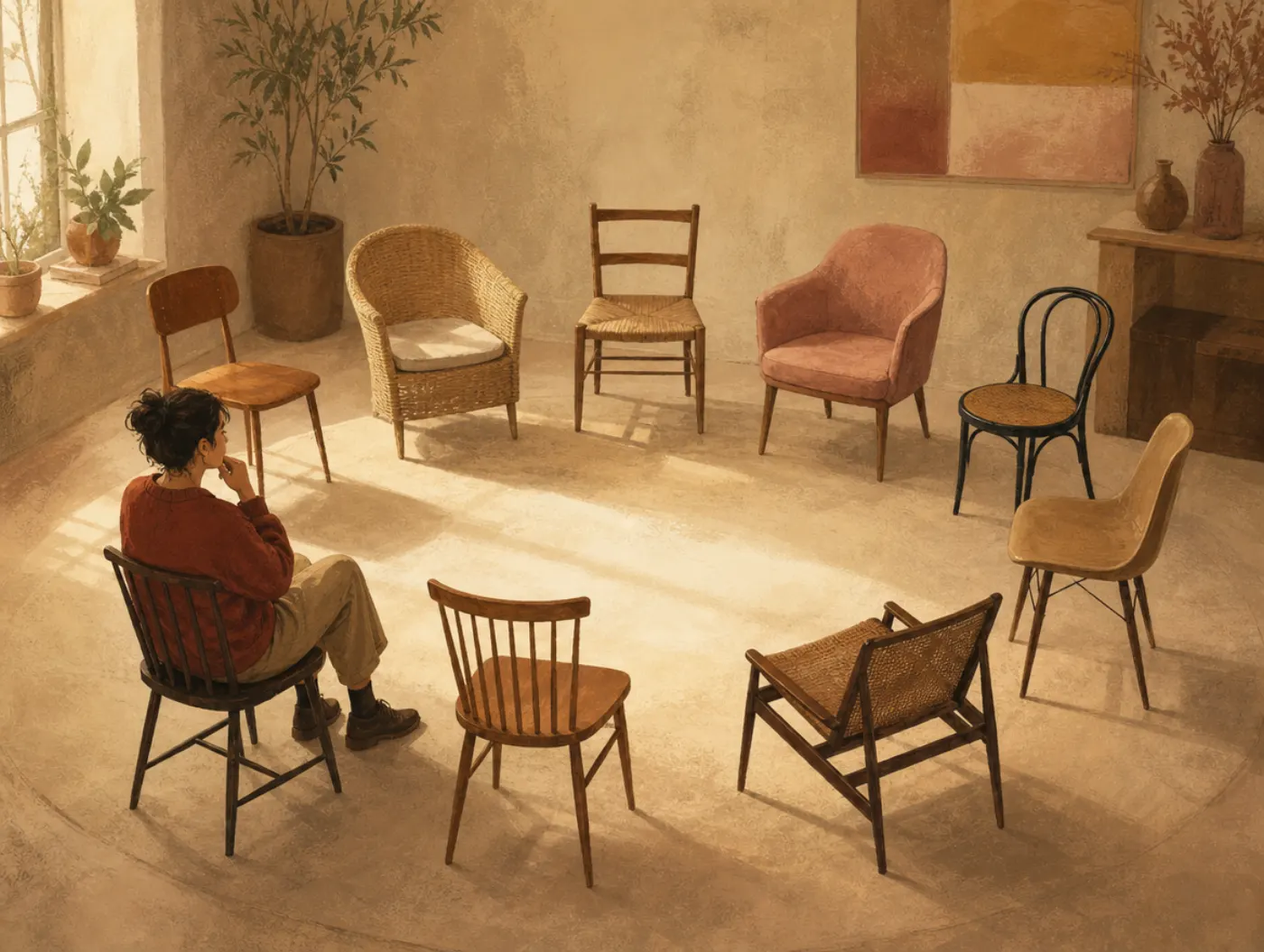 The Nine Enneagram Types: a person sits in one of nine chairs circled in a sunlit room, studying the empty seats around