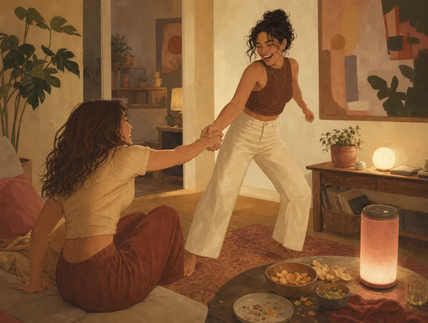 ESFP Personality Type: The Entertainer: woman laughing, pulling a friend up to dance near a speaker and party snacks