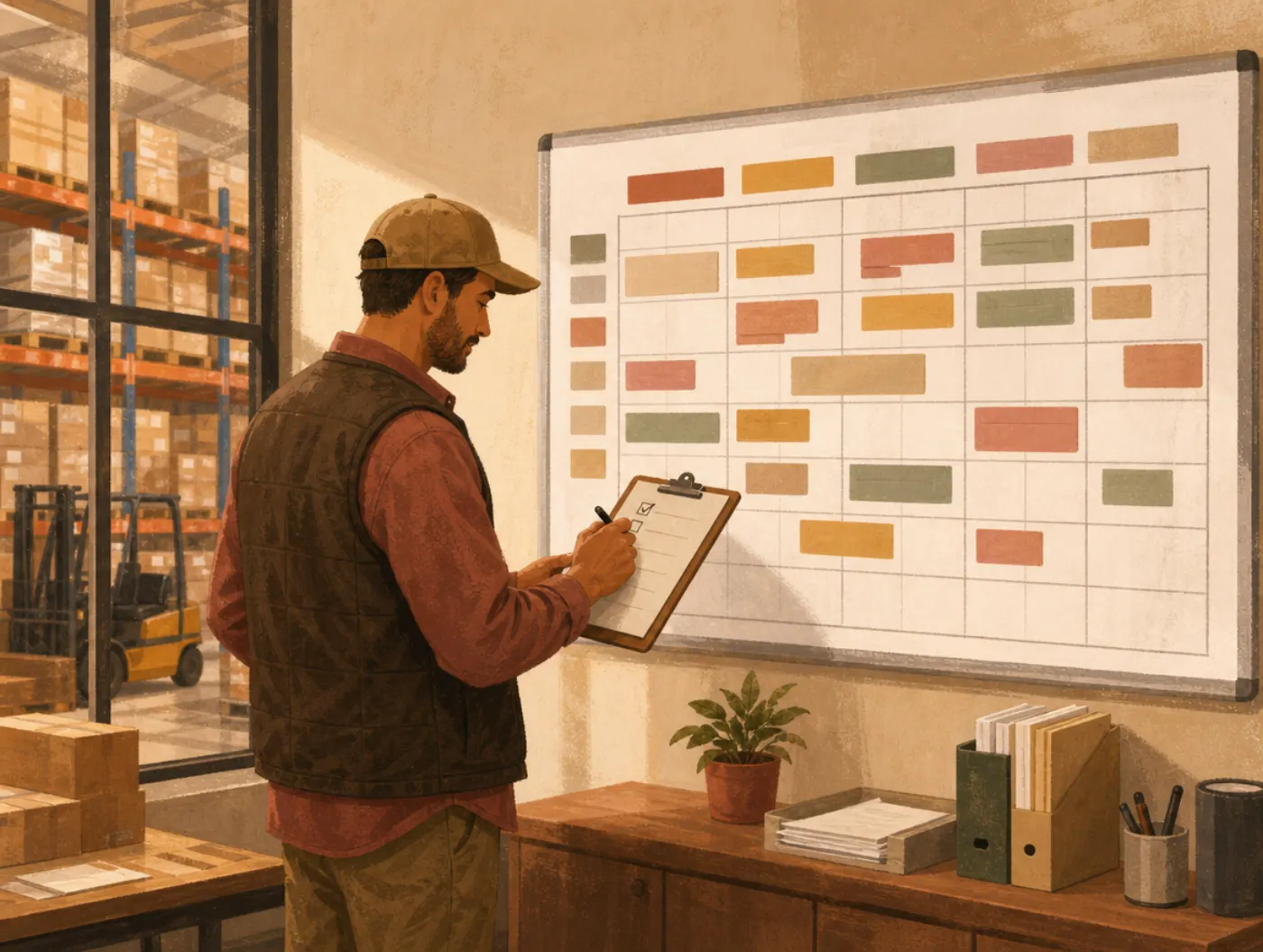 ESTJ Personality Type: The Executive: a supervisor checks off a clipboard task before a color-coded project schedule