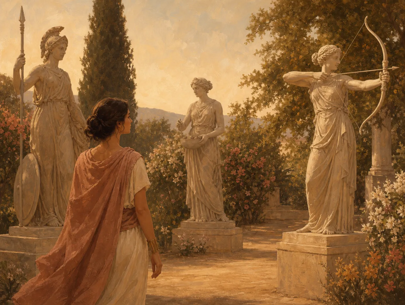 The Seven Goddess Archetypes: a woman in a statue garden pausing before a Greek figure holding a bow