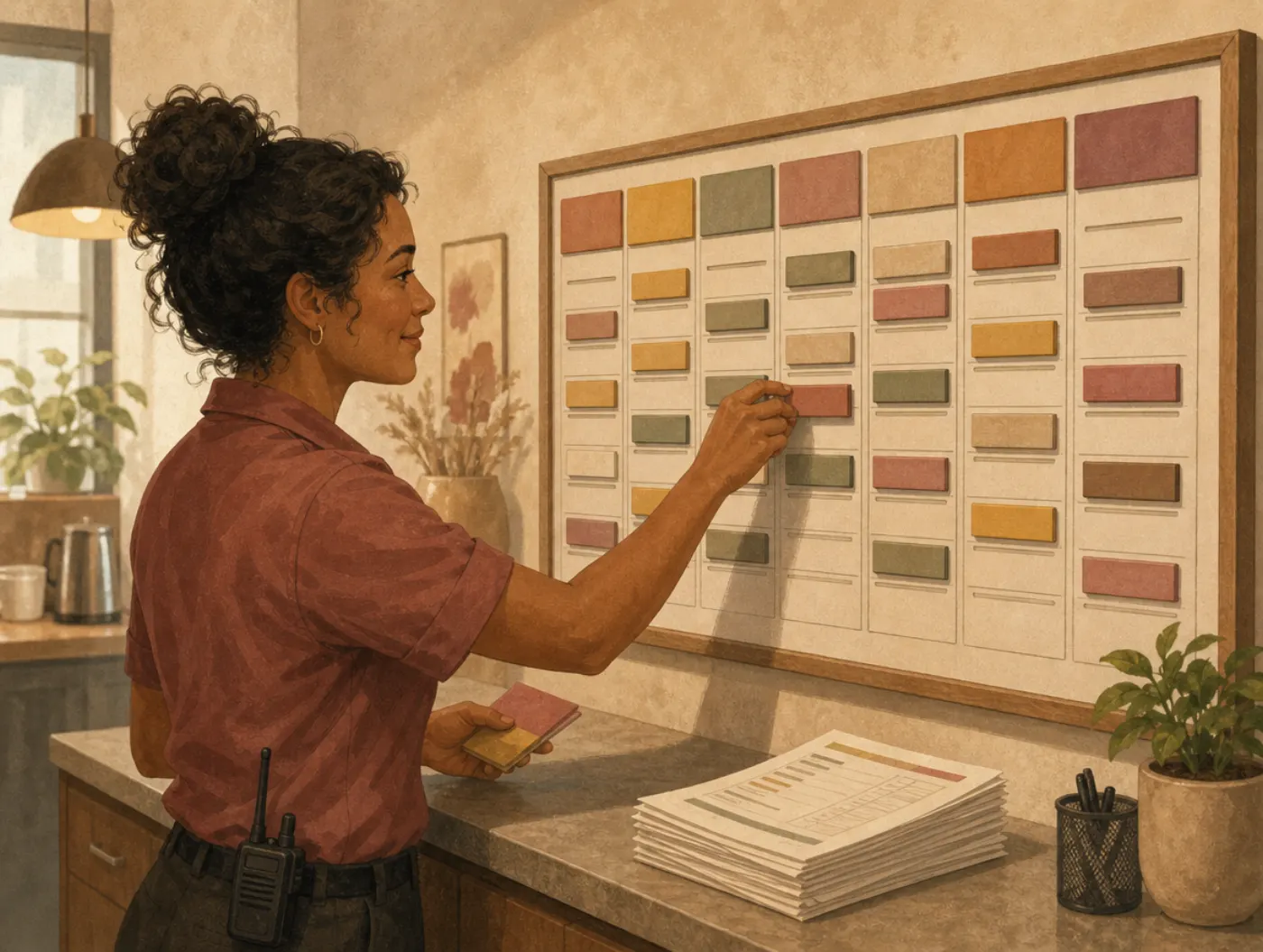 Gold Personality Type: Structure and Reliability: supervisor placing tiles on a weekly schedule board