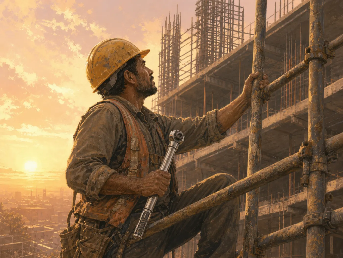 The Hero Archetype: a foreman in a hard hat scales scaffolding at dawn, torque wrench in hand, eyes fixed on the unfinis