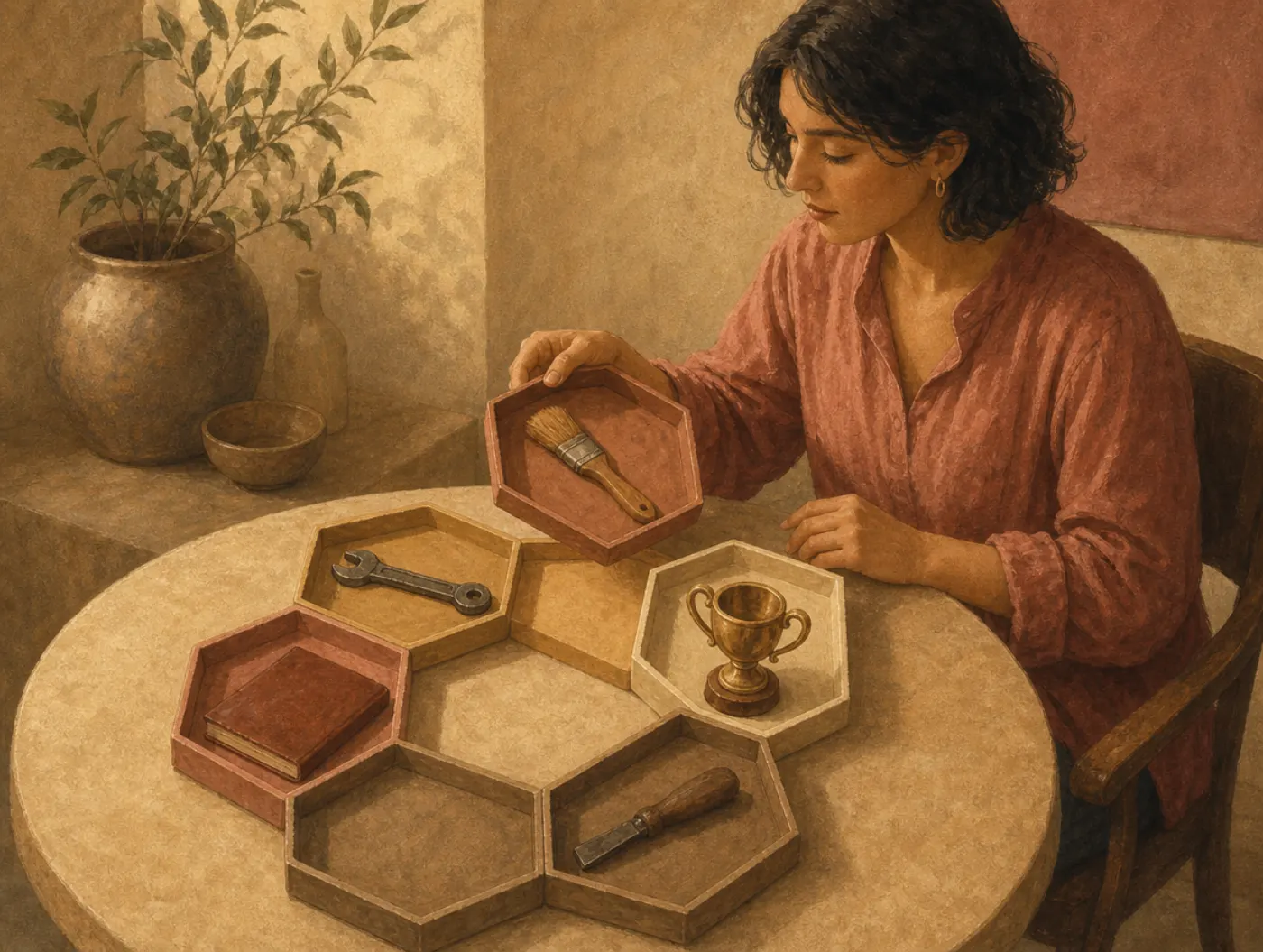 Holland Codes: The Six RIASEC Interest Types: a person arranging six tool-filled trays into a hexagon on a table