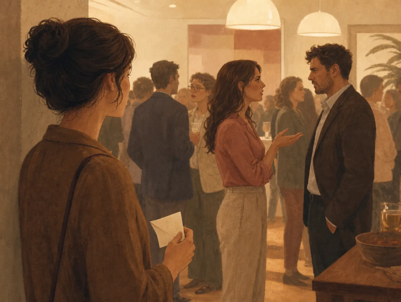 INFJ Personality Type: The Advocate: person at a party's edge watching a tense exchange, folded note in hand