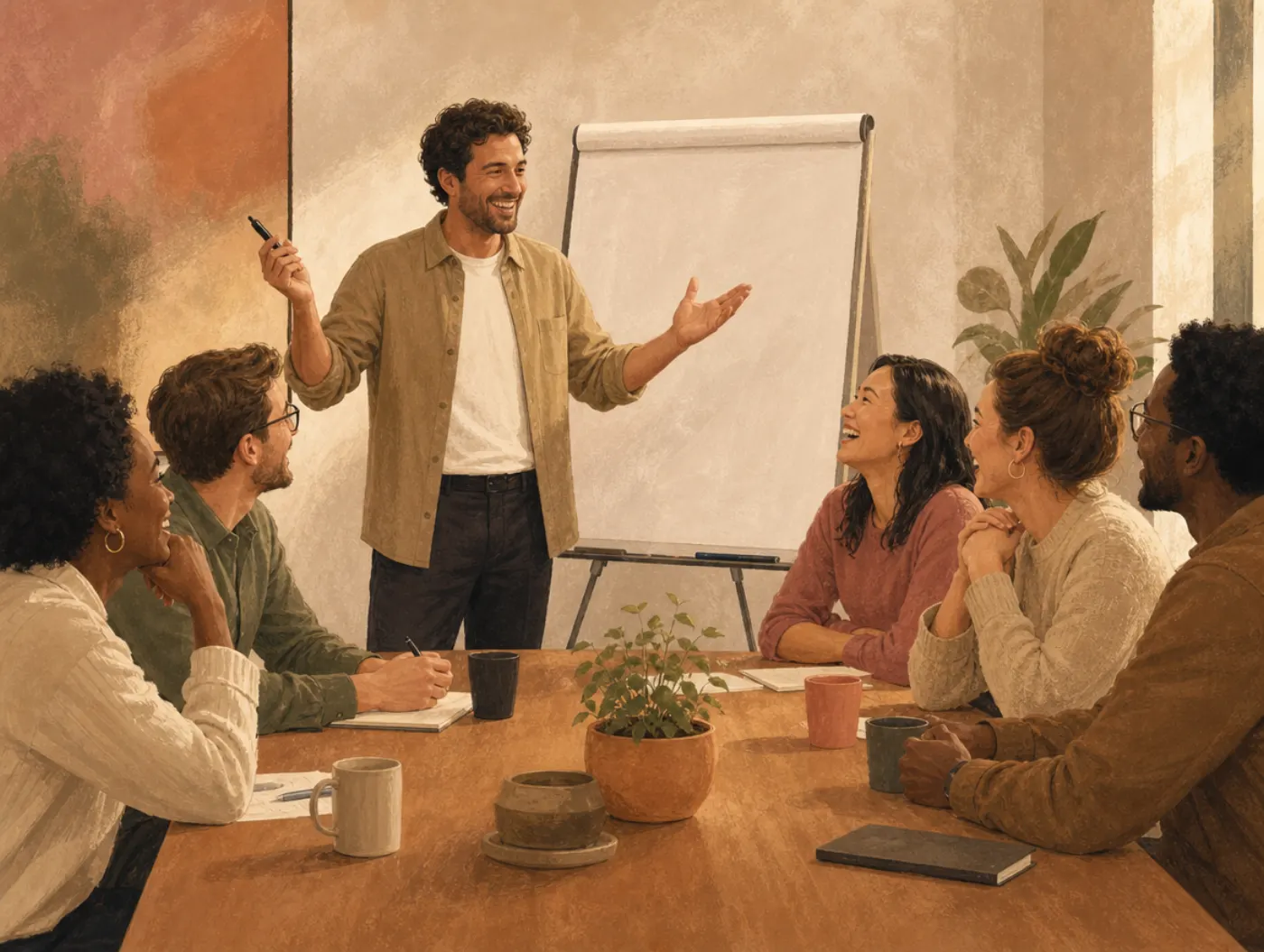 Influence: The DISC Style Built for People: a presenter gesturing at a flip chart as coworkers lean in smiling