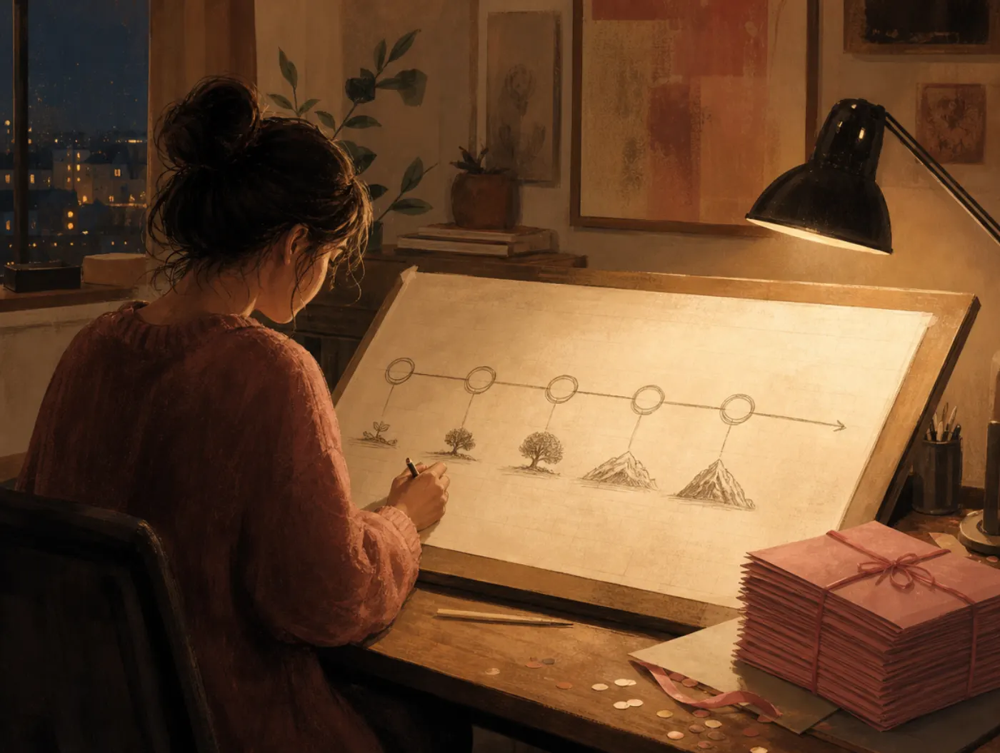 INTJ Personality Type: The Architect: person at a drafting table sketching a long-range plan on blueprint paper, invitat