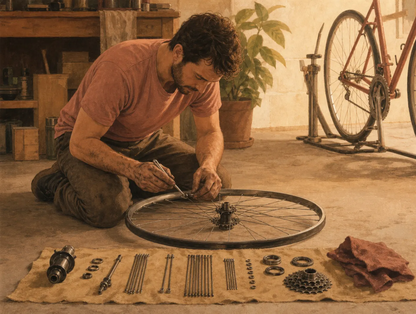 ISTP Personality Type: The Virtuoso: a man kneeling in a garage, hands greased, truing a bicycle wheel with a spoke wren