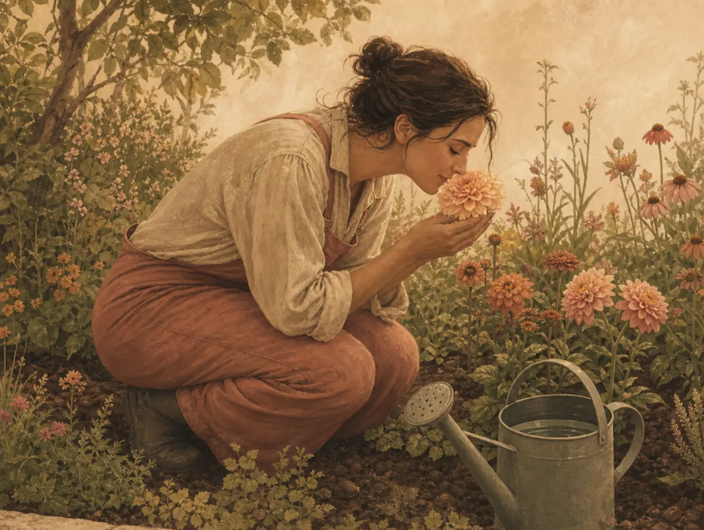 The Lover Archetype: a person crouched in a garden, cupping a flower to smell it, a watering can set aside nearby