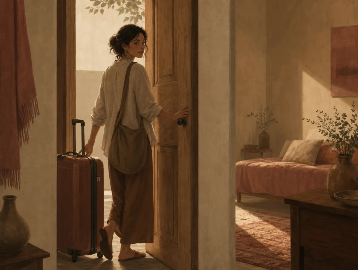 The Persephone Archetype: a woman paused in a doorway, one foot still inside, glancing back at a half-lit room behind he