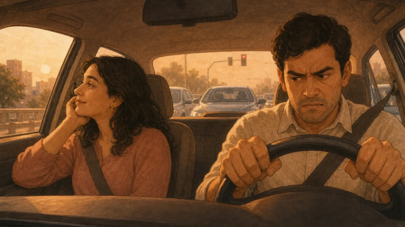 Type A, B, C and D Personalities Compared: a tense driver gripping the wheel at a red light beside a relaxed passenger